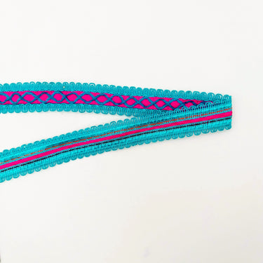 Fuchsia Pink Cotton Fabric Lace Trim with Blue Thread Embroidery, Trim By 3 Yards, Craft Decorative Ribbon